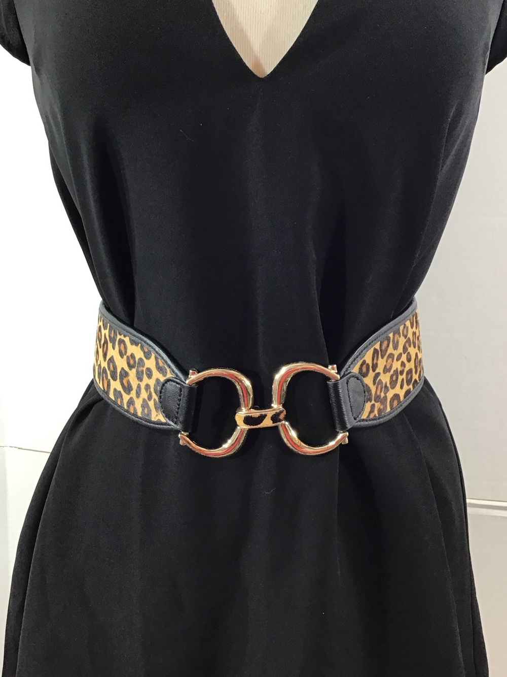 Chico's Leopard Print Wide Waist Belt with Gold Interlocking Buckle M